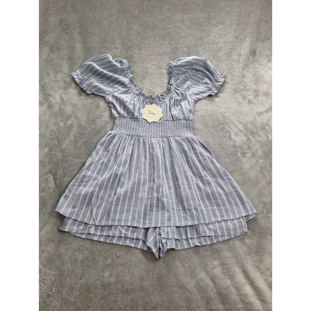 Indulge Blue White Striped Smocked‎ Romper Puff Sleeve Cottagecore Small NEW - Picture 4 of 7
